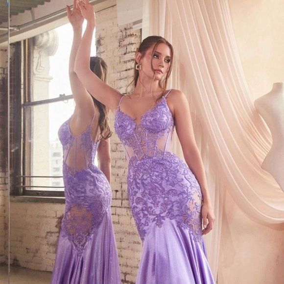 NEW LONG FORMAL PROM MERMAID SATIN GOWN EMBROIDERED WITH LACE & SEQUINS CDS470